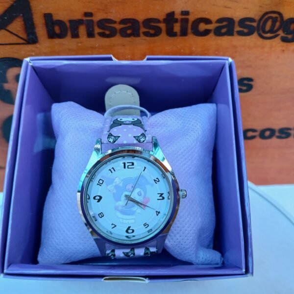 Reloj Kuromi morado con lazo amarillo, con caja