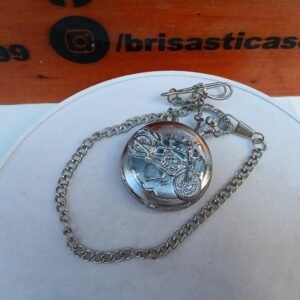 Reloj de bolsillo plateado, diseño moto, con luz led