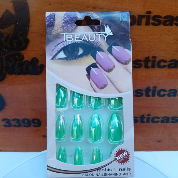 Uñas postizas, fashion nails, color verde, 12 uñas