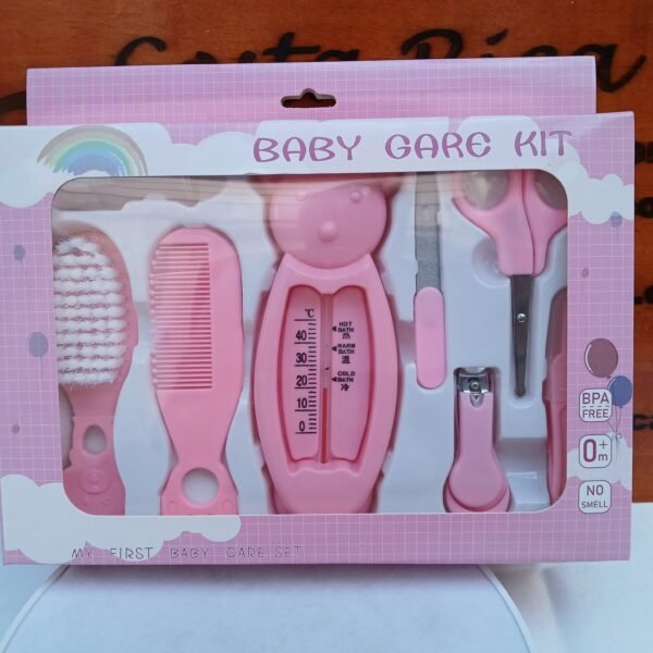 Kit, set de higiene rosado, para bebé, 7 piezas, termómetro de agua, tijeras, cepillo de dientes, corta uñas.