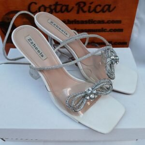 Zzheels Sandalias de cristal de doble lazos Tacones transparentes Zapatos de punta cuadrada para fiesta de boda Talla 40.5